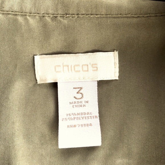Chico’s khaki/olive long-sleeve blouse with patch pockets on front & epaulettes - Picture 10 of 15